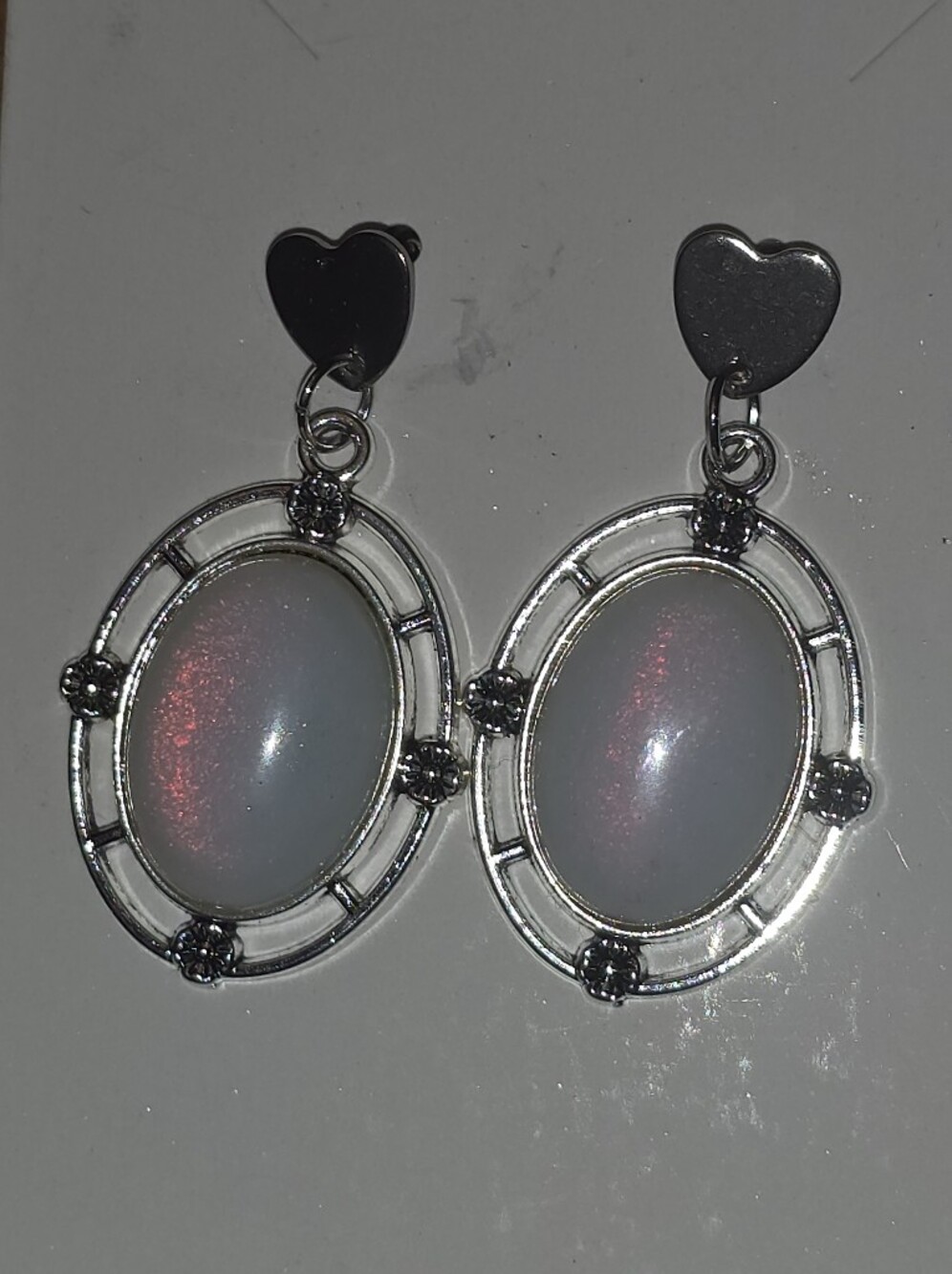 Opal Gemstone Earrings Insilver Tone Frames With Stainless Steel Heart Studs